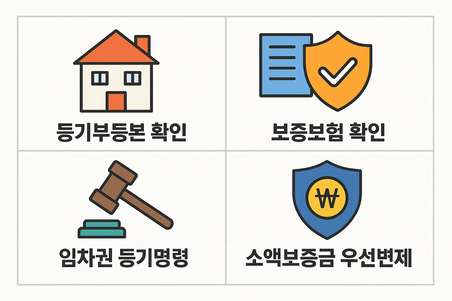 전월세 계약 시 세입자가 반드시 확인해야 할 보증금 보호 관련 인포그래픽으로, 등기부등본 확인, 보증보험 가입 여부, 임차권 등기명령, 소액보증금 우선변제 제도를 시각적으로 정리한 자료입니다.