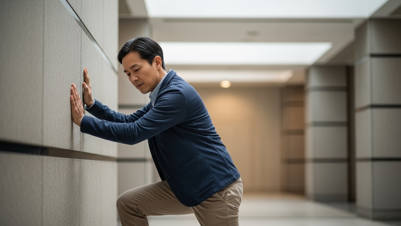 성인이-공공장소에서-벽에-기대어-균형을-잡다가-갑자기-어지럼증을-느끼는-그림입니다.