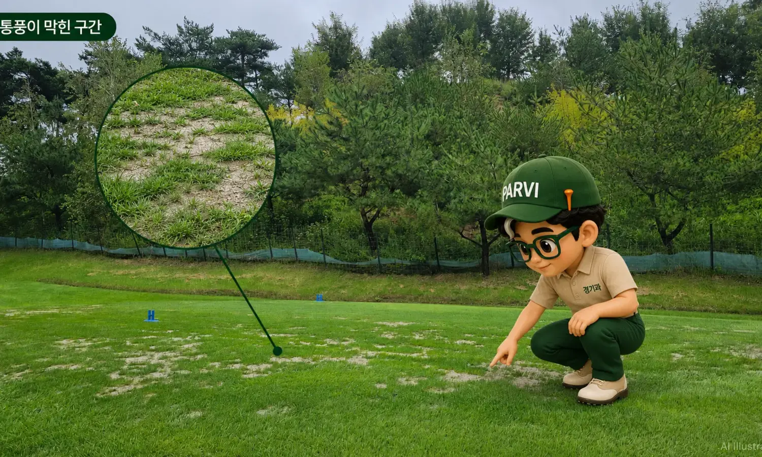 나무로 통풍이 제한돼 잔디 밀도가 낮아진 골프장 구간을 점검하는 경기과 캐릭터