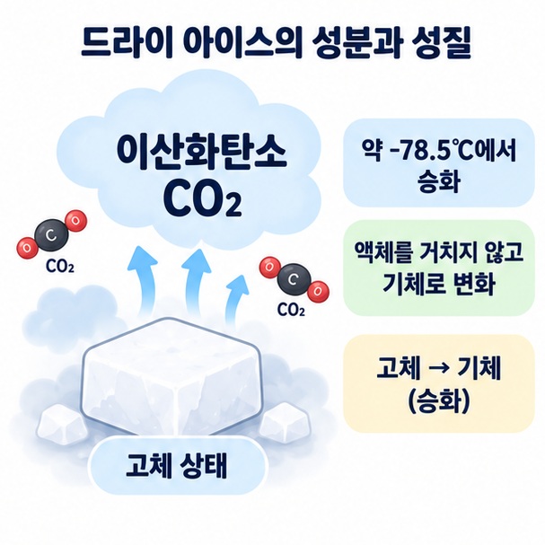 드라이아이스가 약 영하 78.5도에서 액체를 거치지 않고 기체로 승화하는 모습을 설명한 이미지