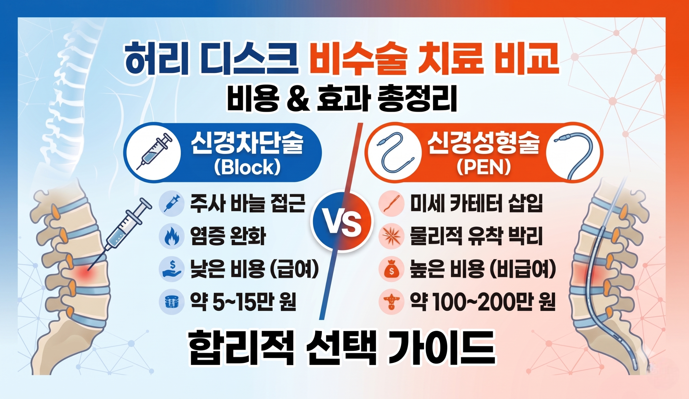 "허리 디스크 비수술 치료법인 신경차단술(주사)과 신경성형술(카테터)의 특징, 효과, 비용 차이를 직관적으로 비교한 안내 이미지"