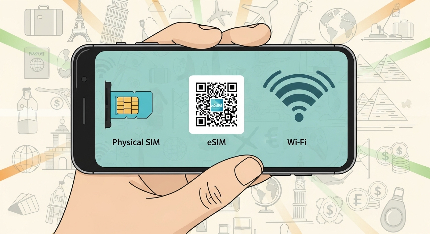 해외에서 스마트폰으로 유심, eSIM, 로밍 등 다양한 통신 연결 옵션을 선택하는 모습.