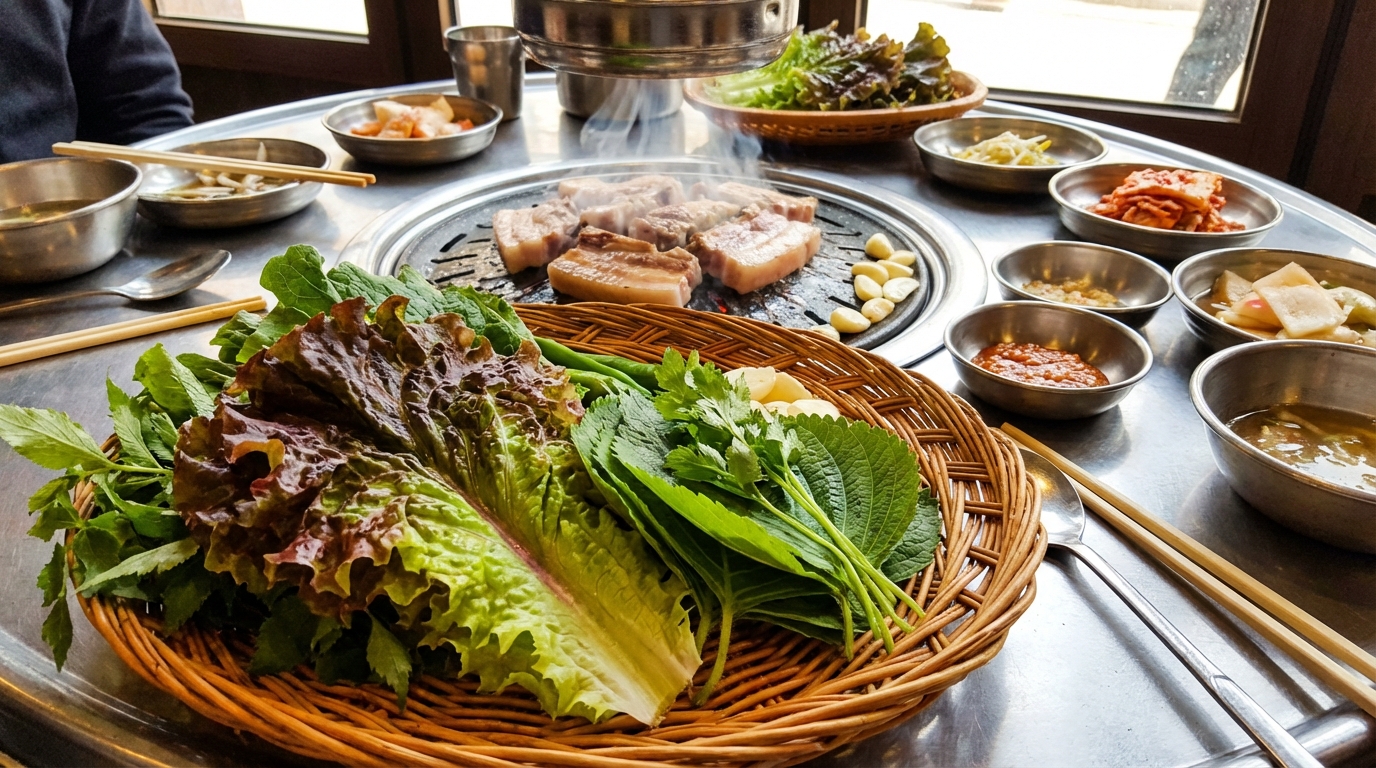 삼겹살 회식 자리에서 신선한 쌈 채소를 가득 곁들여 먹는 모습