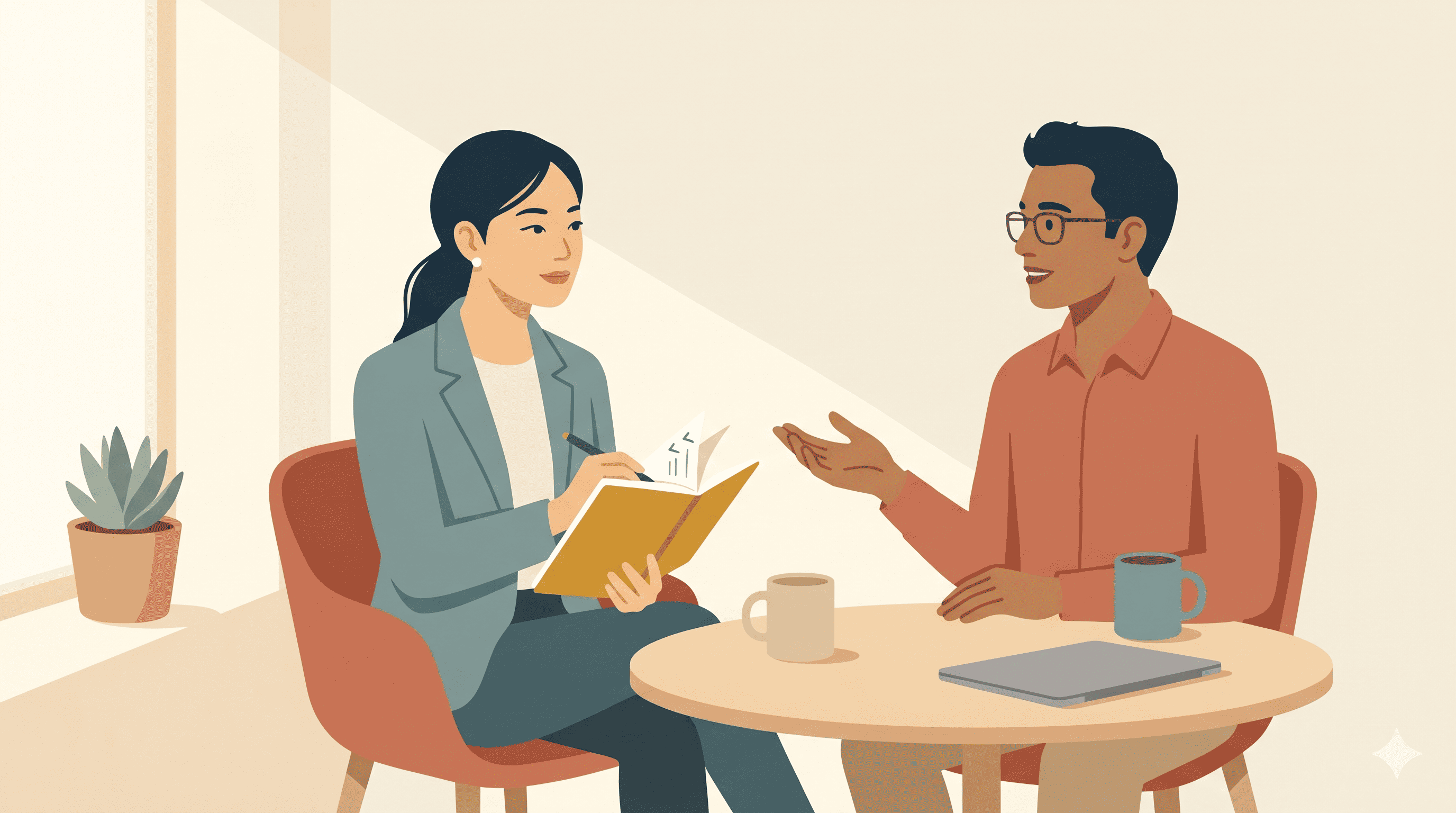 팀장의 1:1 미팅과 구조화된 피드백 대화를 보여주는 사무실 일러스트