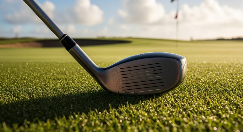 필드에 골프채와 골드공 올라와있는 사진