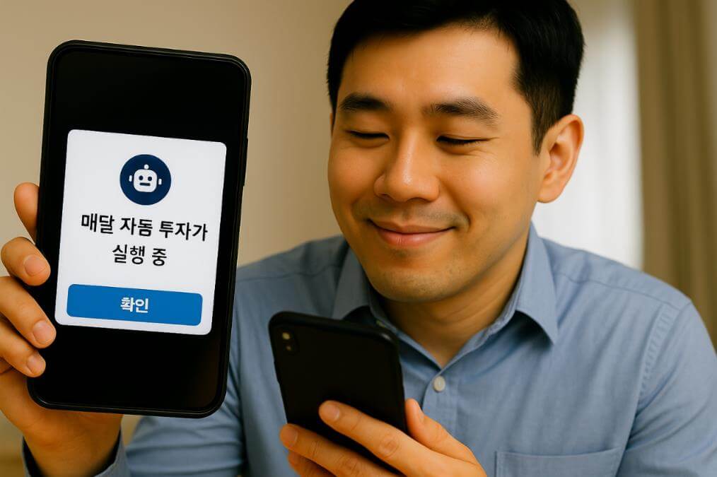 청년이 스마트폰 화면의 &lsquo;매달 자동 투자 실행 중&rsquo; 알림을 확인.