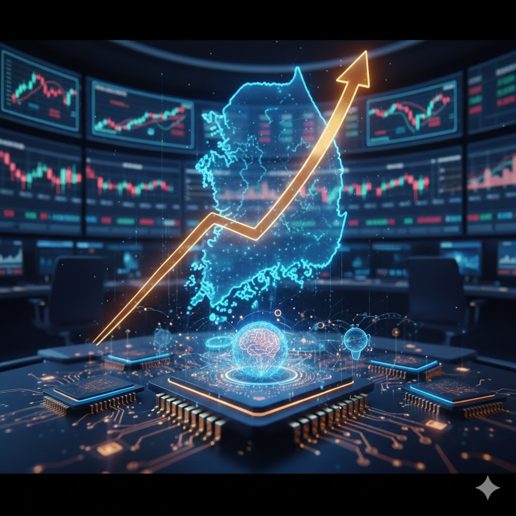 한국 경제 성장률 전망 상향과 AI 반도체 산업의 발전을 상징하는 상승 그래프와 첨단 기술 회로 이미지
