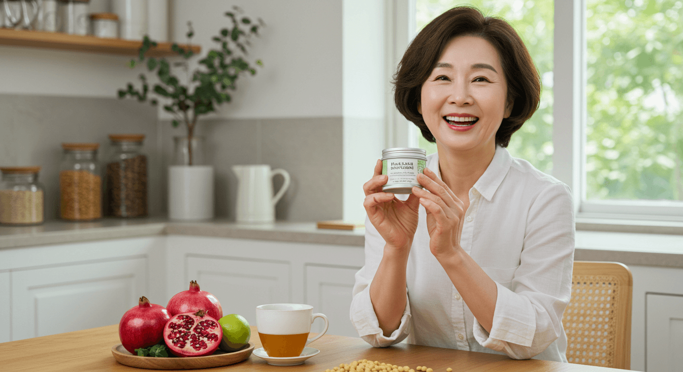 갱년기 증상을 겪고 있는 한국여성이 환하게 웃고 있는 모습