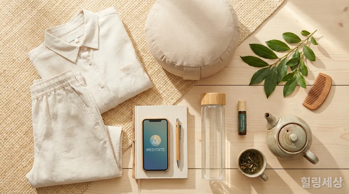 혼자 떠나는 명상 여행을 위한 필수 준비물 플랫 레이