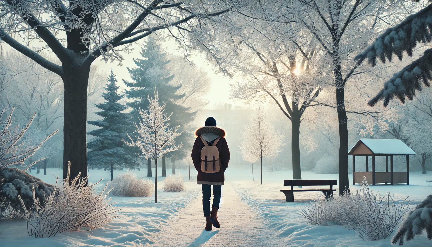 눈 덮인 공원에서 산책을 즐기는 사람