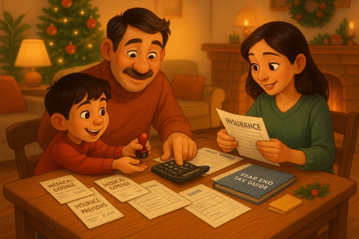 연말정산 세액공제 계산기와 가족이 함께 보험 서류를 정리하는 모습