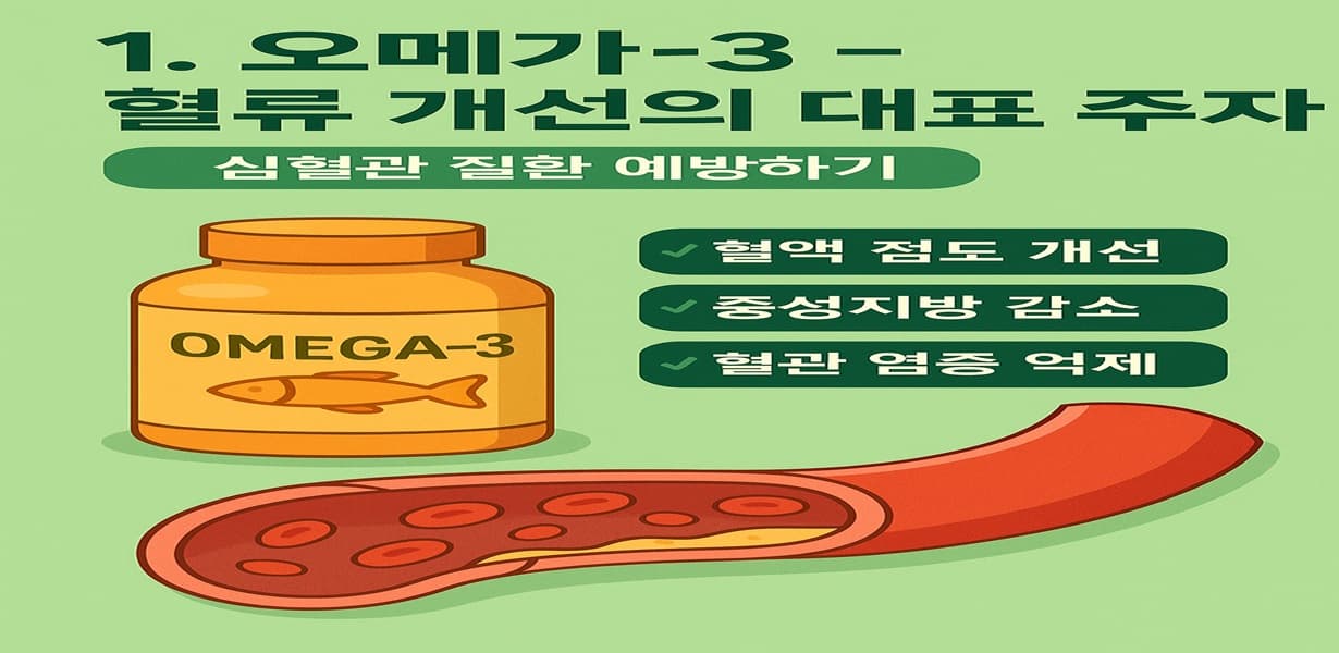 오메가-3 보충제와 혈관 단면 그림, 혈류 개선 및 염증 억제 효과를 설명한 인포그래픽