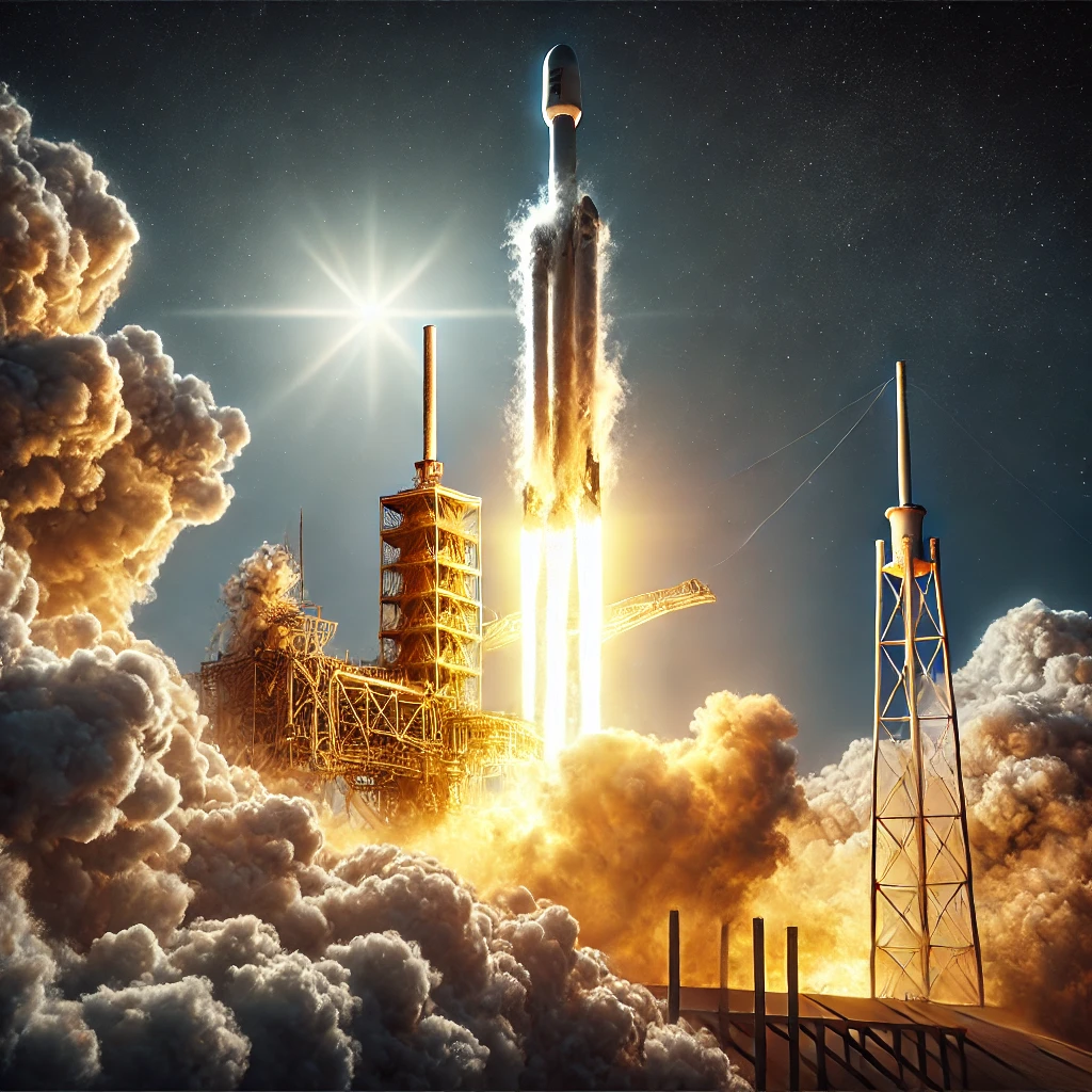 ALT=스페이스X의 상징인 팰컨 9 로켓 발사 장면묘사