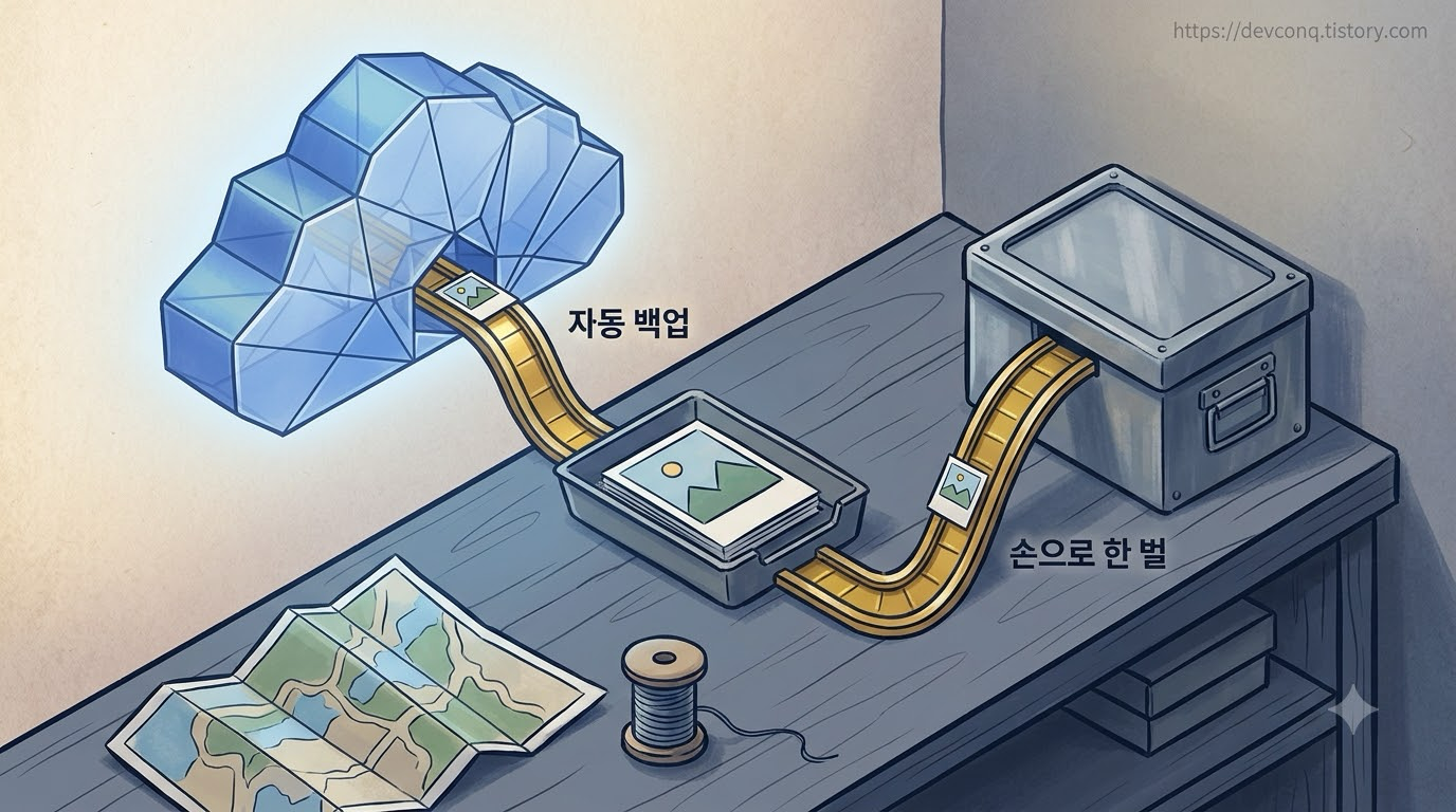 사진 한 벌이 클라우드와 외장 저장장치 두 곳에 나뉘어 보관되는 구조를 나타낸 이미지