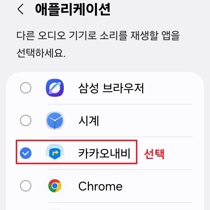 애플리케이션 페이지에 내비앱 선택되어있음
