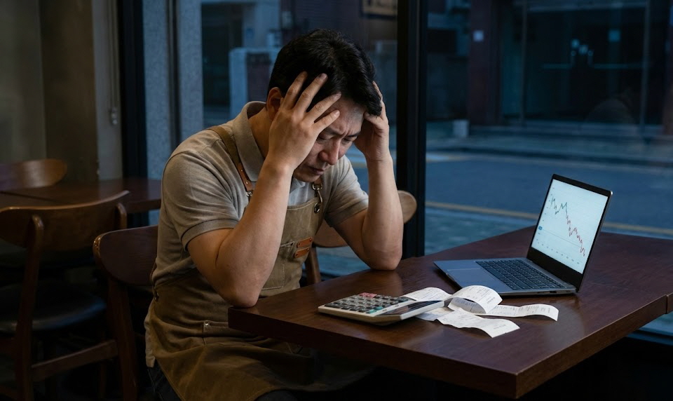 하락하는 매출 그래프가 띄워진 노트북과 계산기를 앞에 두고 머리를 감싸 쥐며 깊은 한숨을 쉬고 있는 사장님의 모습.