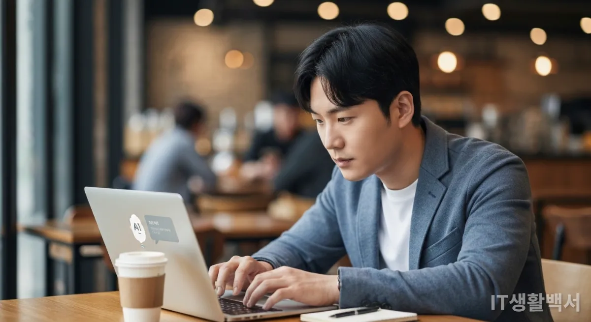 AI 챗봇으로 업무를 자동화하는 남성이 카페에서 노트북을 사용하는 모습