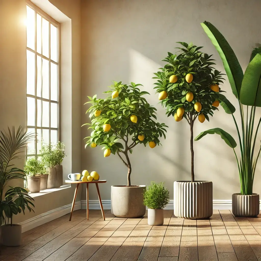 실내 열대 과일 식물이 햇빛을 받고 있는 이미지