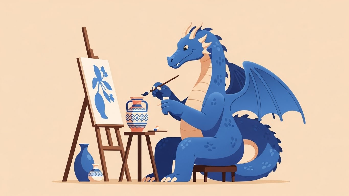 세밀한 붓놀림으로 도자기를 색칠하고 있는 예술적인 용 캐릭터의 2D 플랫 벡터 일러스트