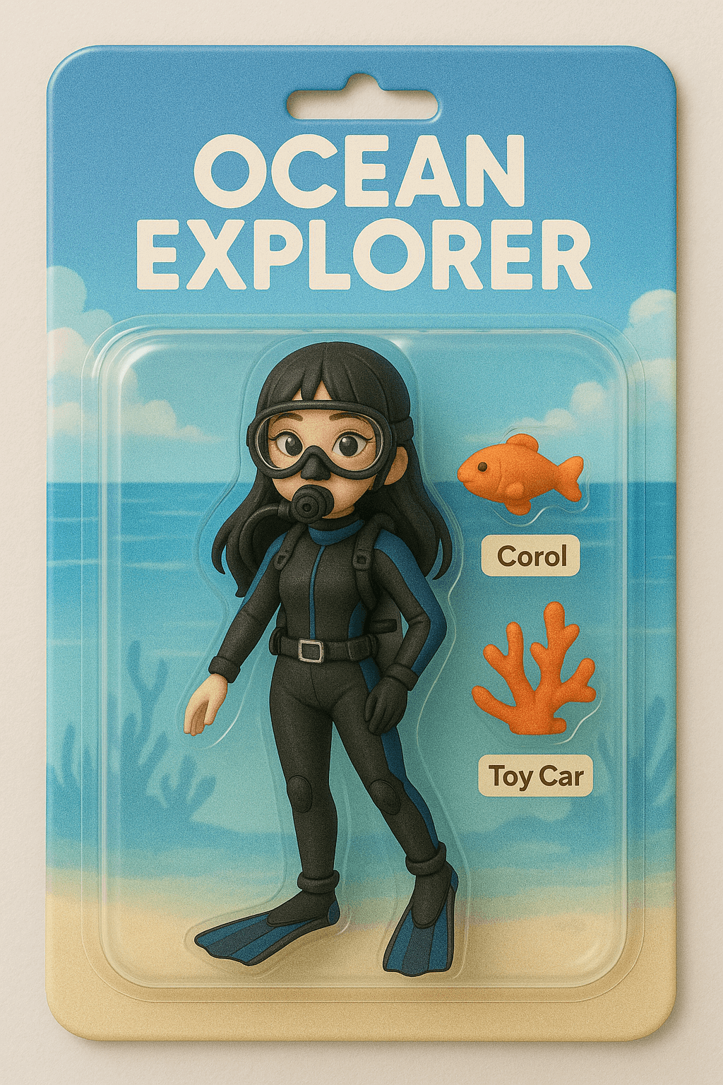 프롬프트 '바닷가 배경의 스쿠버다이빙 소녀 피규어, 물고기와 산호 포함된 장난감 패키지'로 생성한 AI 이미지