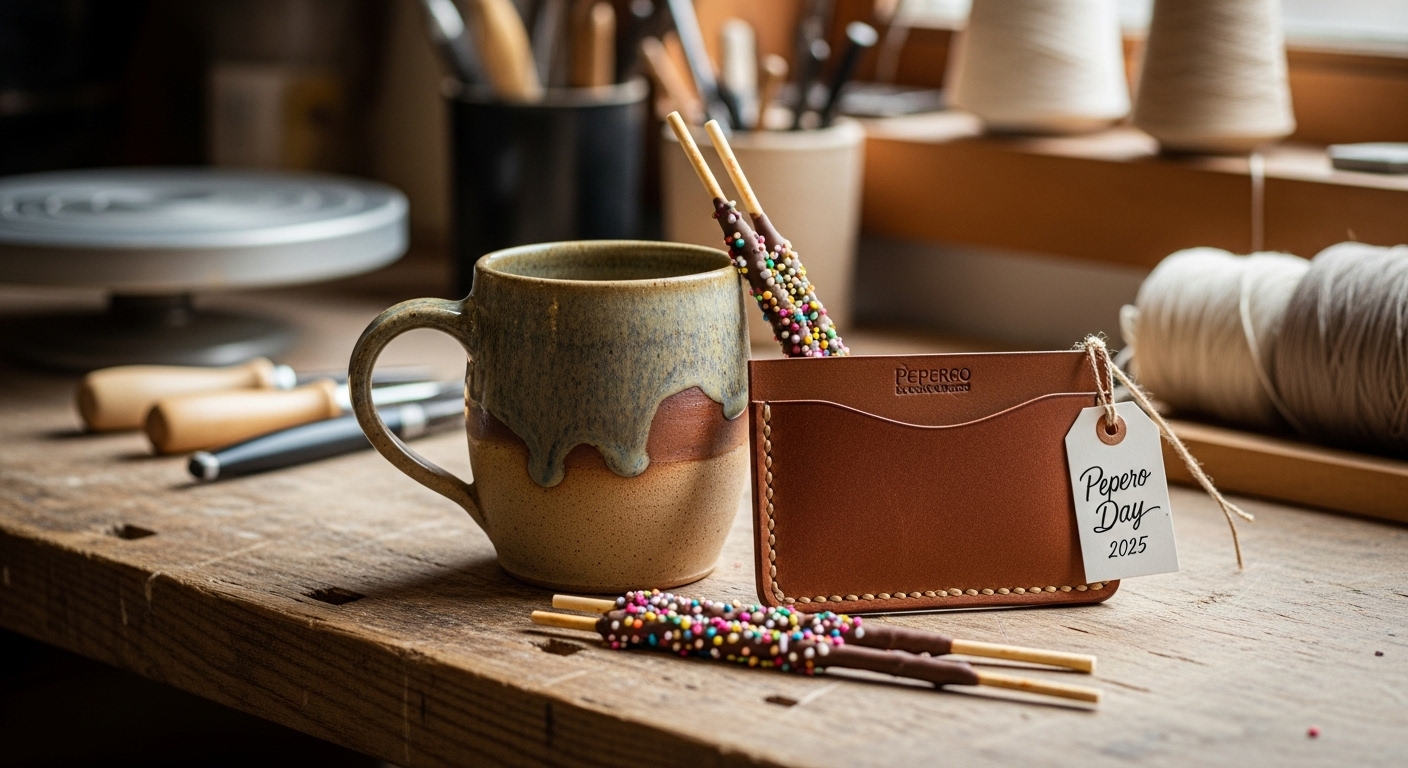2025년 빼빼로데이 선물로 좋은 수제 도자기 머그컵과 가죽 카드지갑이 빼빼로와 함께 아늑한 작업실에 놓여있는 모습.