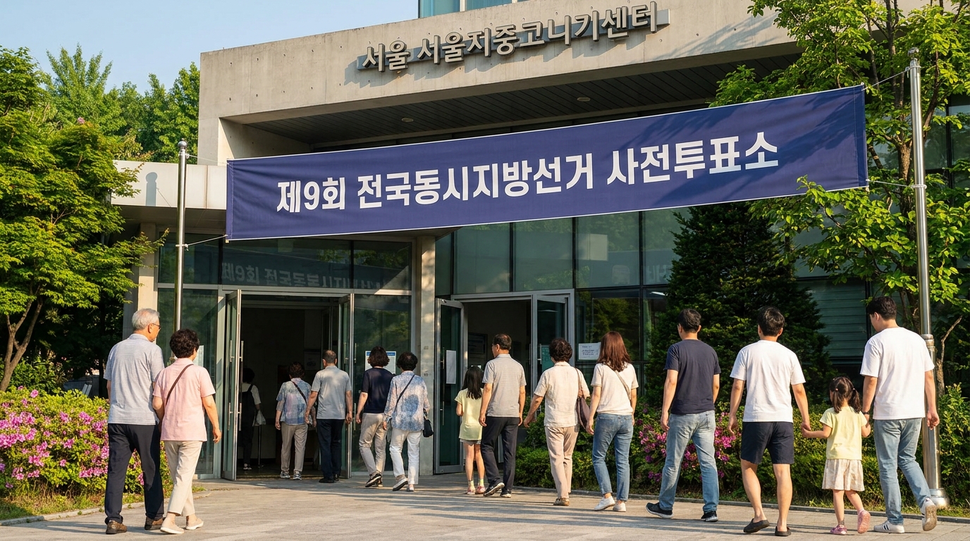 2026년 지방선거 사전투표소 입구와 투표를 위해 모인 한국 유권자들의 모습