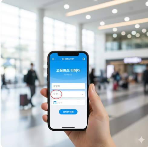 고속버스 티머니 앱 메인 화면과 출발/도착지 선택 창