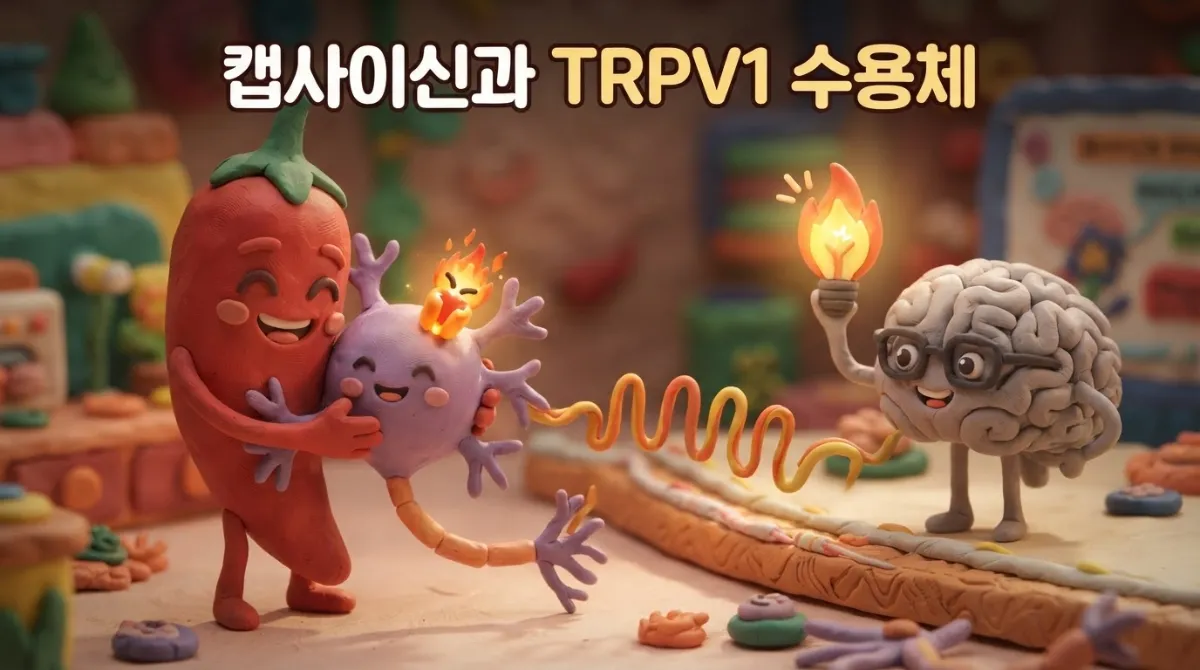 캡사이신이 신경 세포의 TRPV1 수용체에 결합하는 생물학적 원리 일러스트