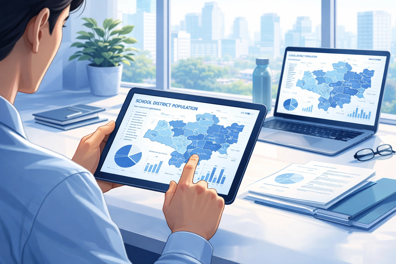 노트북 화면에서 학교 설립 조건(학생 수, 학군 등)을 확인하는 모습