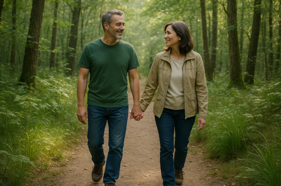 자연을 산책하는 남녀사진