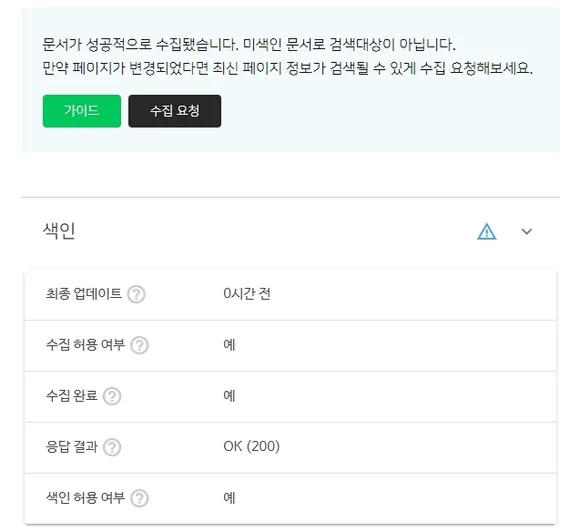 네이버 웹마스터도구의 URL 검사 결과