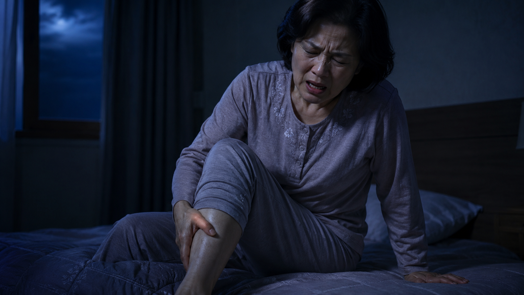 수면 중 찾아온 급성 종아리 근육 경련(쥐) 때문에 잠에서 깨어 고통스러워하는 50대 중년 여성