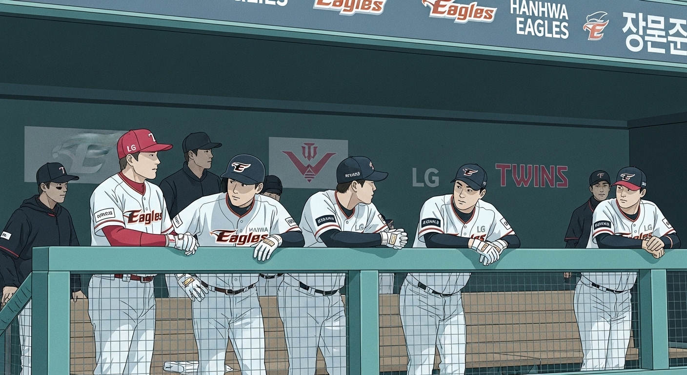 2025 한국시리즈, 한화 이글스와 LG 트윈스 선수들이 경기 중 작전을 논의하는 모습. 치열한 팀 전력을 보여준다.