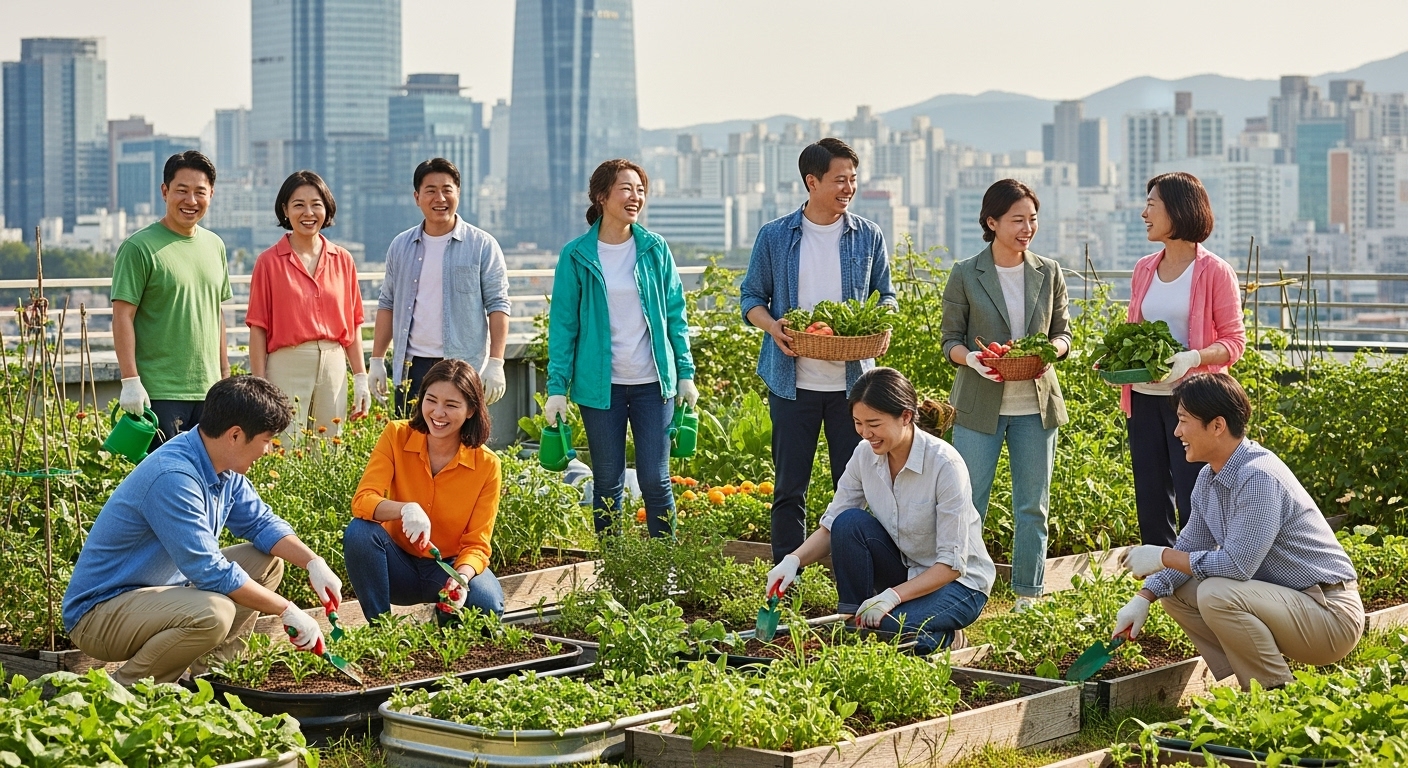 도심 속 텃밭에서 함께 식물을 가꾸며 교류하는 다양한 연령대의 한국인들