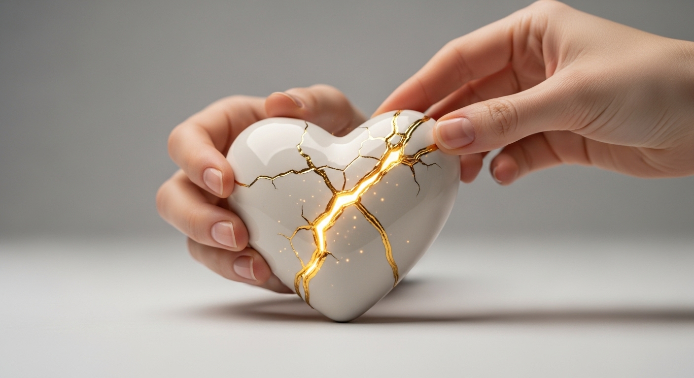 금으로 수리되고 있는 깨진 도자기 심장, 감정적 치유와 회복탄력성을 상징하는 킨츠기 아트.