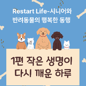 개, 고양이, 양 등 여러 동물이 나란히 서서 1편의 제목 팻말을 손에 든 귀여운 이미지로 시니어와 반려 동물 행복한 동행 시리즈의 대표 섬네일 이미지