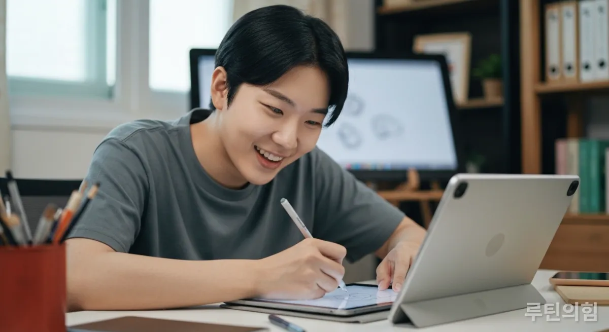자신의 방에서 태블릿으로 디지털 스케치를 하고 있는 젊은 한국인