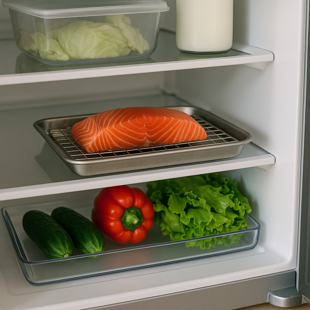 냉장고 하단 선반에 그물망+받침 트레이로 올린 연어와, 아래 칸 신선채소가 분리된 모습