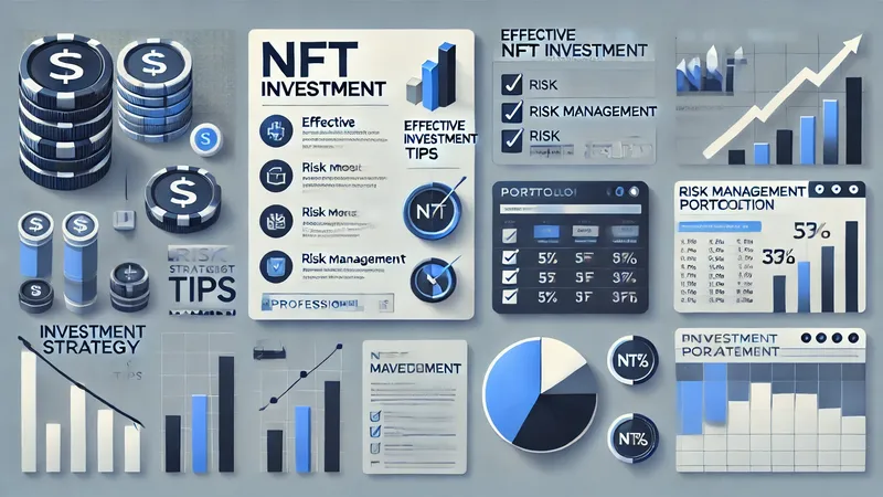 NFT 투자 전략 도표: 리스크 분산, 포트폴리오 구성, 투자 단계별 체크리스트를 보여주는 인포그래픽