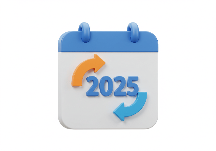 2025년을 표시하는 달력과 새로운 변화를 의미하는 화살표가 있는 3D 아이콘