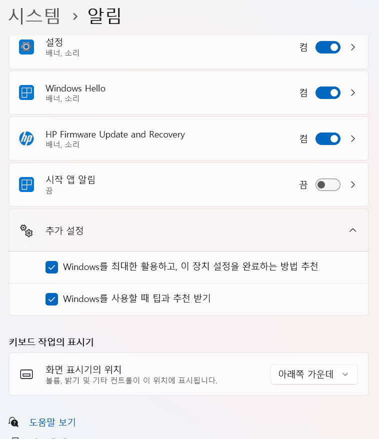 윈도우 11 설정 알림 화면의 추가 설정에 체크된 두 항목