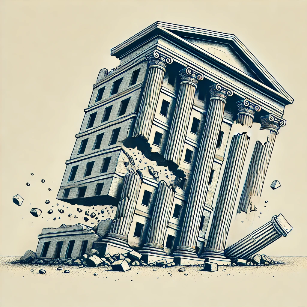 기둥이 파손되어 쓰러지는 건물의 모습