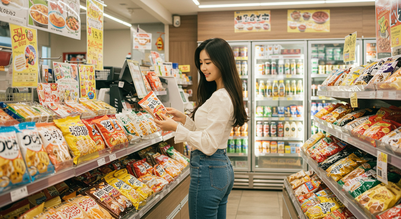 일본 편의점에서 과자를 고르는 여자