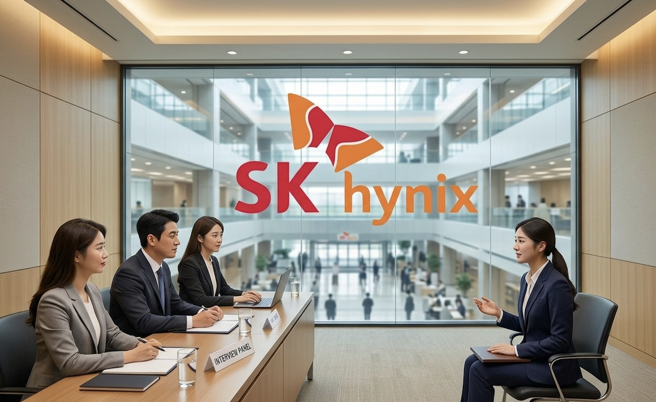 SK하이닉스 로고가 보이는 면접실에서 면접관 3명과 지원자가 대기업 심층 면접을 진행하는 모습