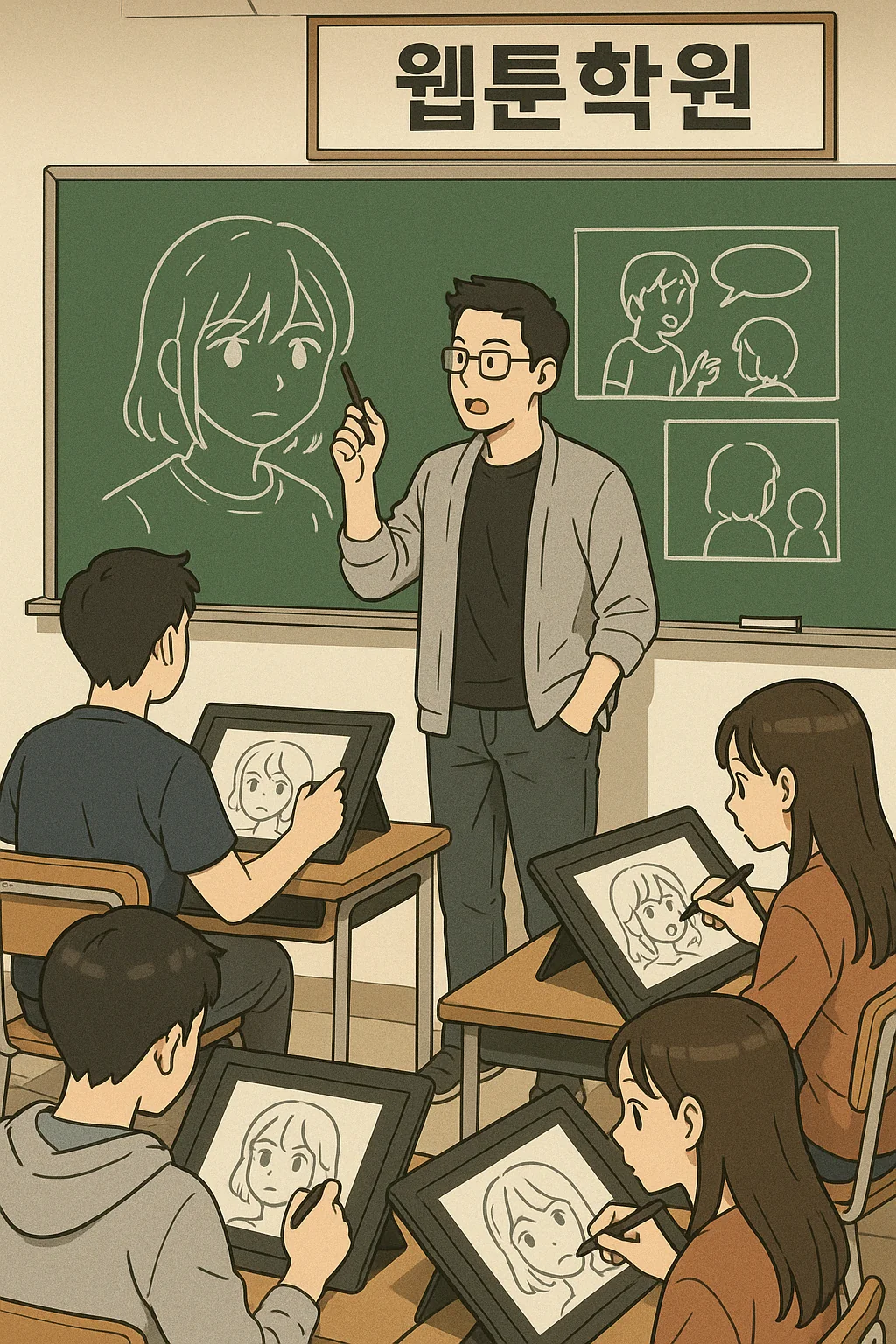 웹툰 학원에서 수업 받는 사진