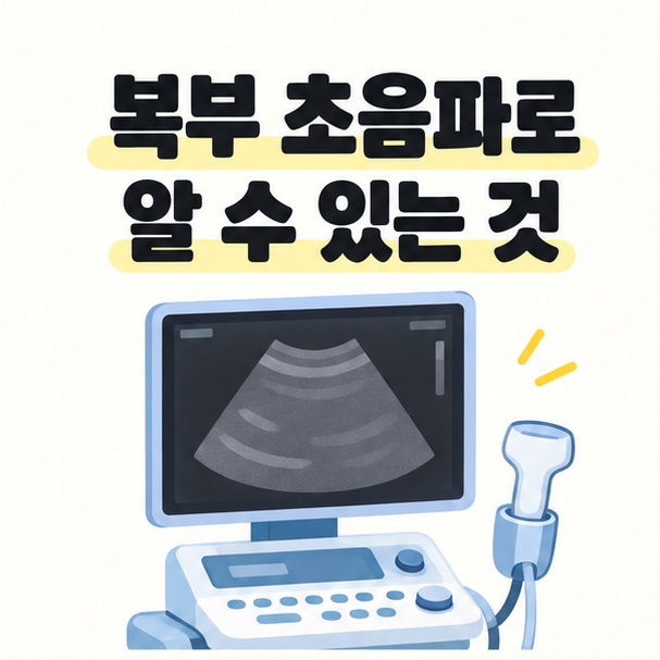 복부 초음파로 알 수 있는 것을 소개하는 제목과 초음파 장비 그림