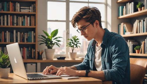 20대 남성이 노트북 화면을 보며 적금에 가입하고 있다.