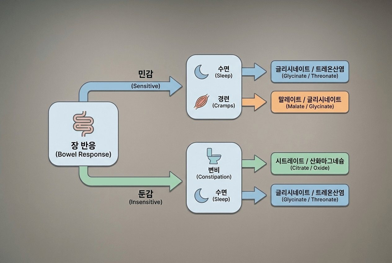 마그네슘 종류를 장 반응과 목적에 따라 고르는 기준을 보여주는 비교 다이어그램