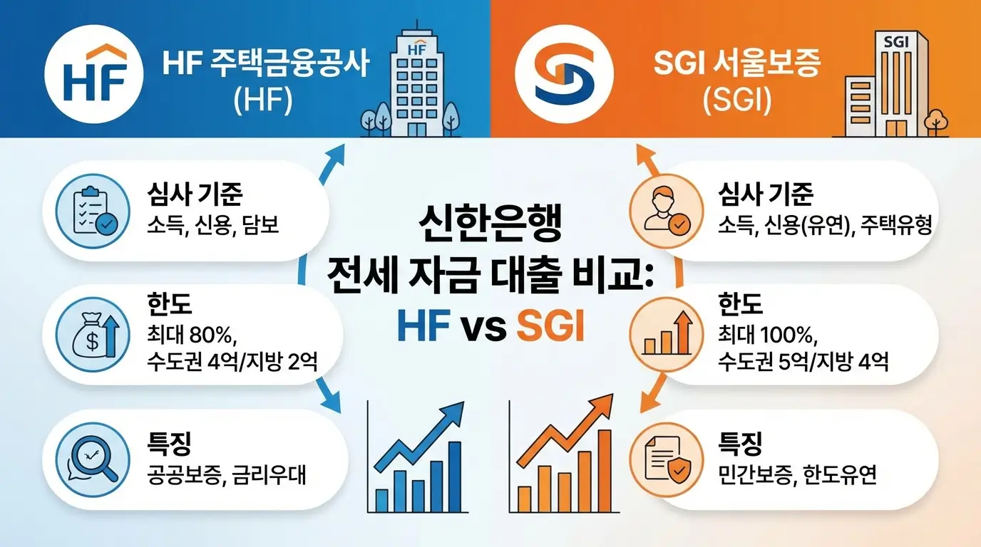 신한은행 전세 자금 대출 시 HF 주택금융공사와 SGI 서울보증의 심사 기준 및 한도 차이를 직관적으로 비교한 인포그래픽
