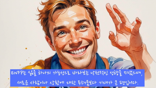 ENFP는 삶을 하나의 가능성으로 바라보느 낙천적인 성향을 지녔으며 새로운 사람이나 상황에 대한 두려움보다 기대가 큰 편입니대에 관한 그림